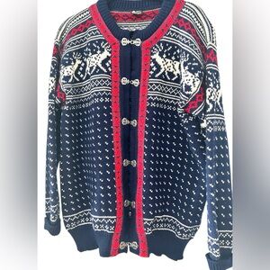 Women’s Large Dale of Norway Sweater Navy Blue Nordic Fair Isle Wool Metal Clasp